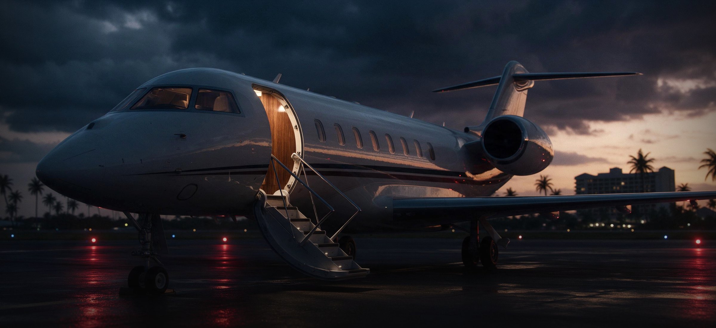 Un jet privado en la pista de un aeropuerto del Caribe al anochecer